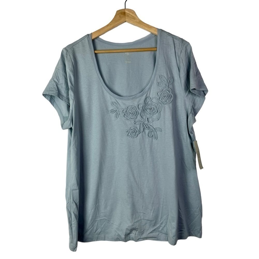 Studio Works Light Blue Floral Embroidered Short Sleeve T-Shirt XL